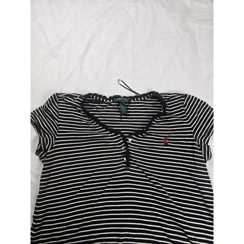 Lauren Ralph Lauren Dress Womens Medium Black Stripe Short Sleeve Henley T-Shirt